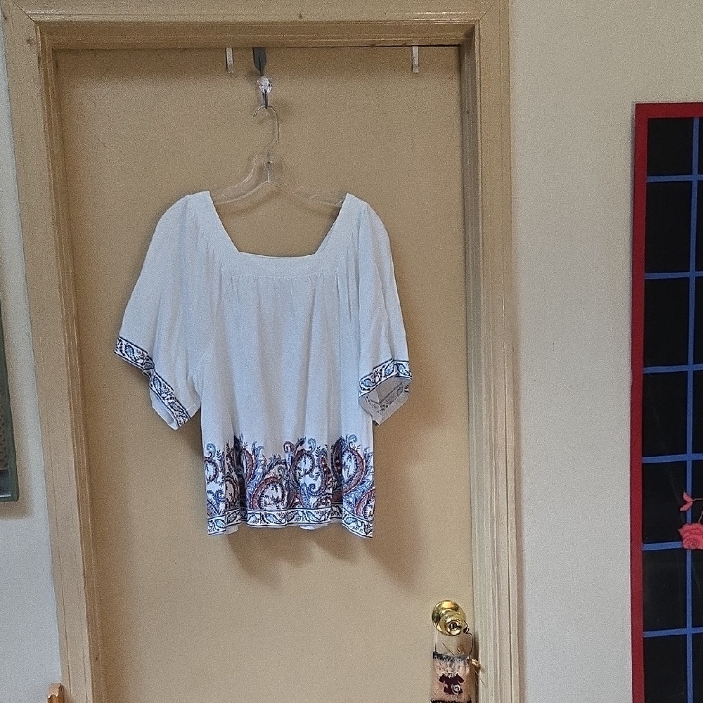 J. Jill White Blouse with Blue and Brown Border Print